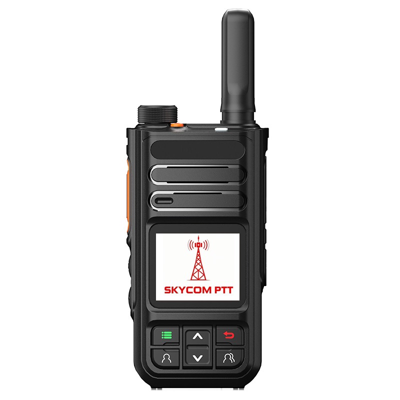 Black handheld walkie-talkie with a screen displaying "SKYCOM PTT" and a signal tower icon, designed for push-to-talk communication.
