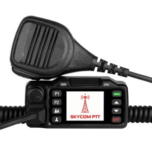 Skycom PTT radio with a control panel and microphone, used for two-way communication in various professional settings.