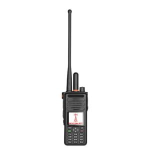 Compact two-way radio with a long antenna and digital display, labeled "SKYCOM PTT," designed for clear communication in various settings.