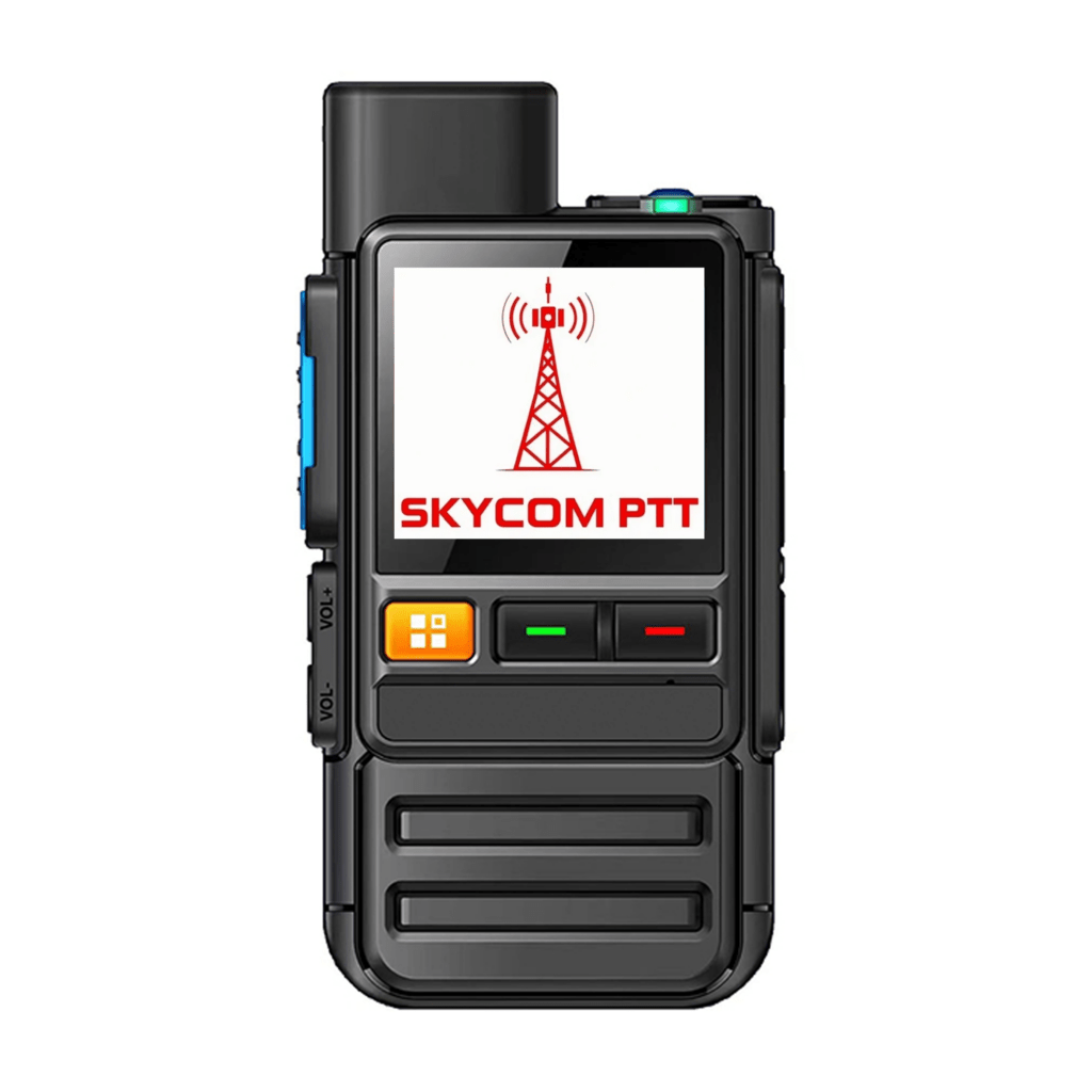 Black handheld radio device displaying the "SKYCOM PTT" logo, featuring buttons for volume control and communication functions.