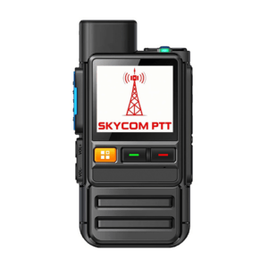 Black handheld radio device displaying the "SKYCOM PTT" logo, featuring buttons for volume control and communication functions.