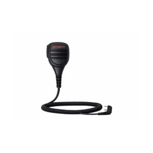 Black push-to-talk microphone with a coiled cable, designed for two-way radios. Ideal for clear communication in professional settings.