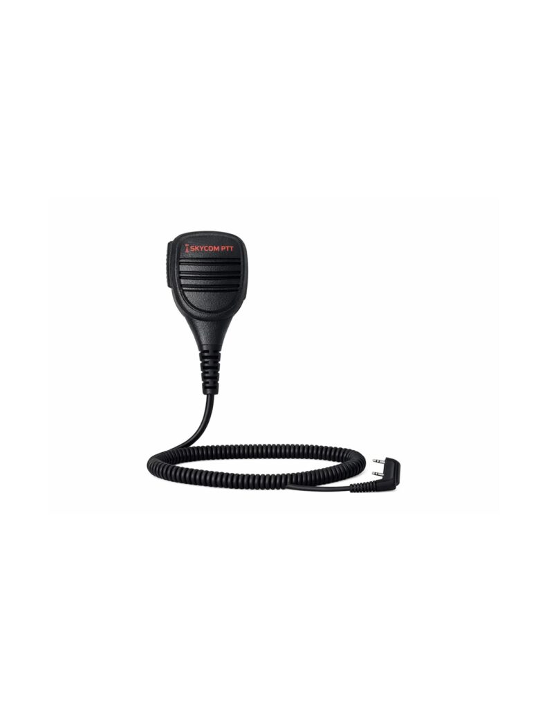 Black push-to-talk microphone with a coiled cable, designed for two-way radios. Ideal for clear communication in professional settings.