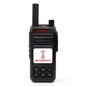 Skycom PTT two-way radio with an antenna and a logo display, designed for communication in field operations and team coordination.