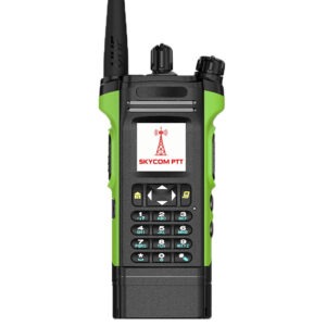 Green and black handheld walkie-talkie with a display showcasing the logo "SKYCOM PTT," designed for push-to-talk communication.