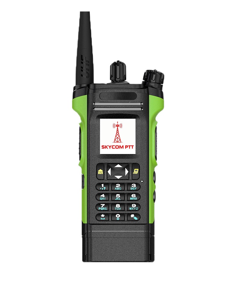 Green and black handheld walkie-talkie with a display showcasing the logo "SKYCOM PTT," designed for push-to-talk communication.