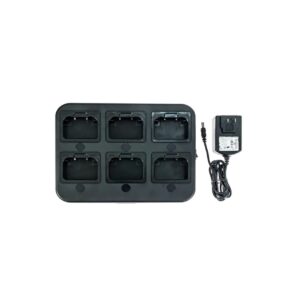 Black charging dock featuring six slots for devices, accompanied by a power adapter, suitable for efficient device management.