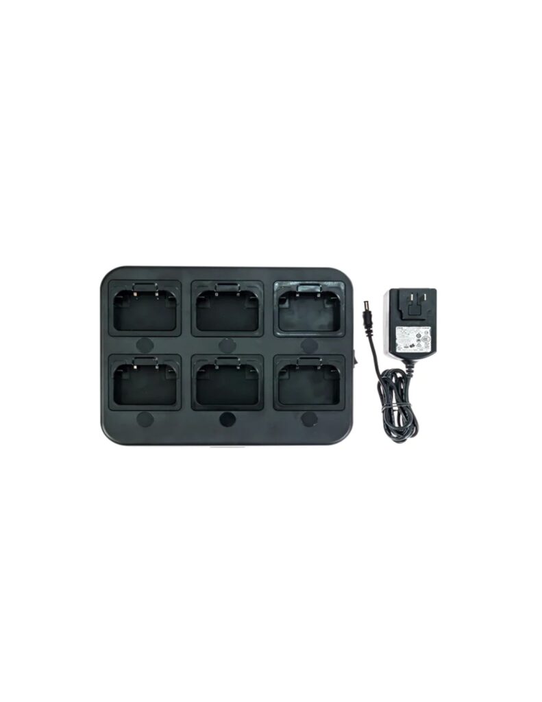 Black charging dock featuring six slots for devices, accompanied by a power adapter, suitable for efficient device management.