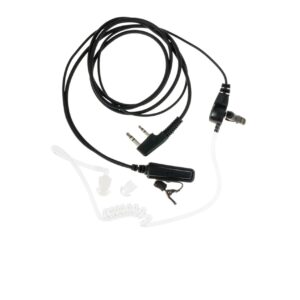 Black coiled earpiece with a clear acoustic tube, compatible connectors, and additional ear tips, designed for discreet communication.