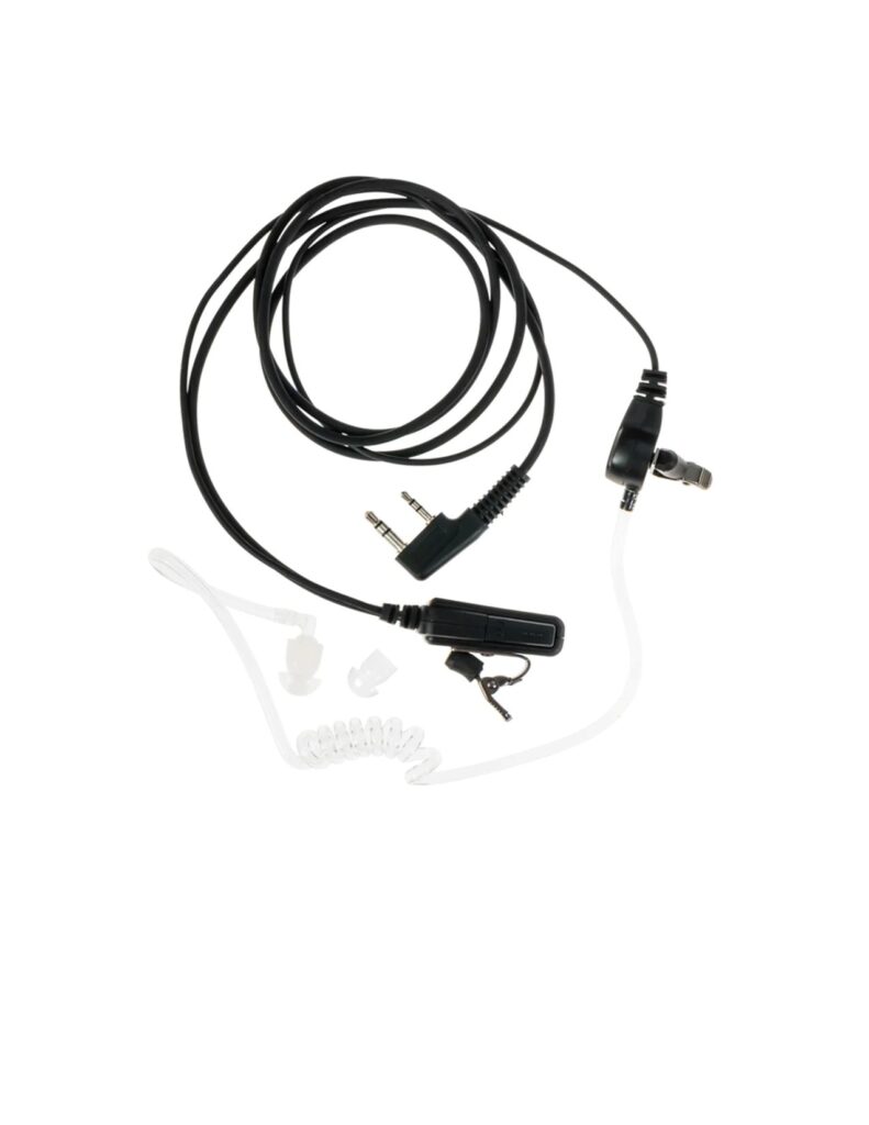 Black coiled earpiece with a clear acoustic tube, compatible connectors, and additional ear tips, designed for discreet communication.