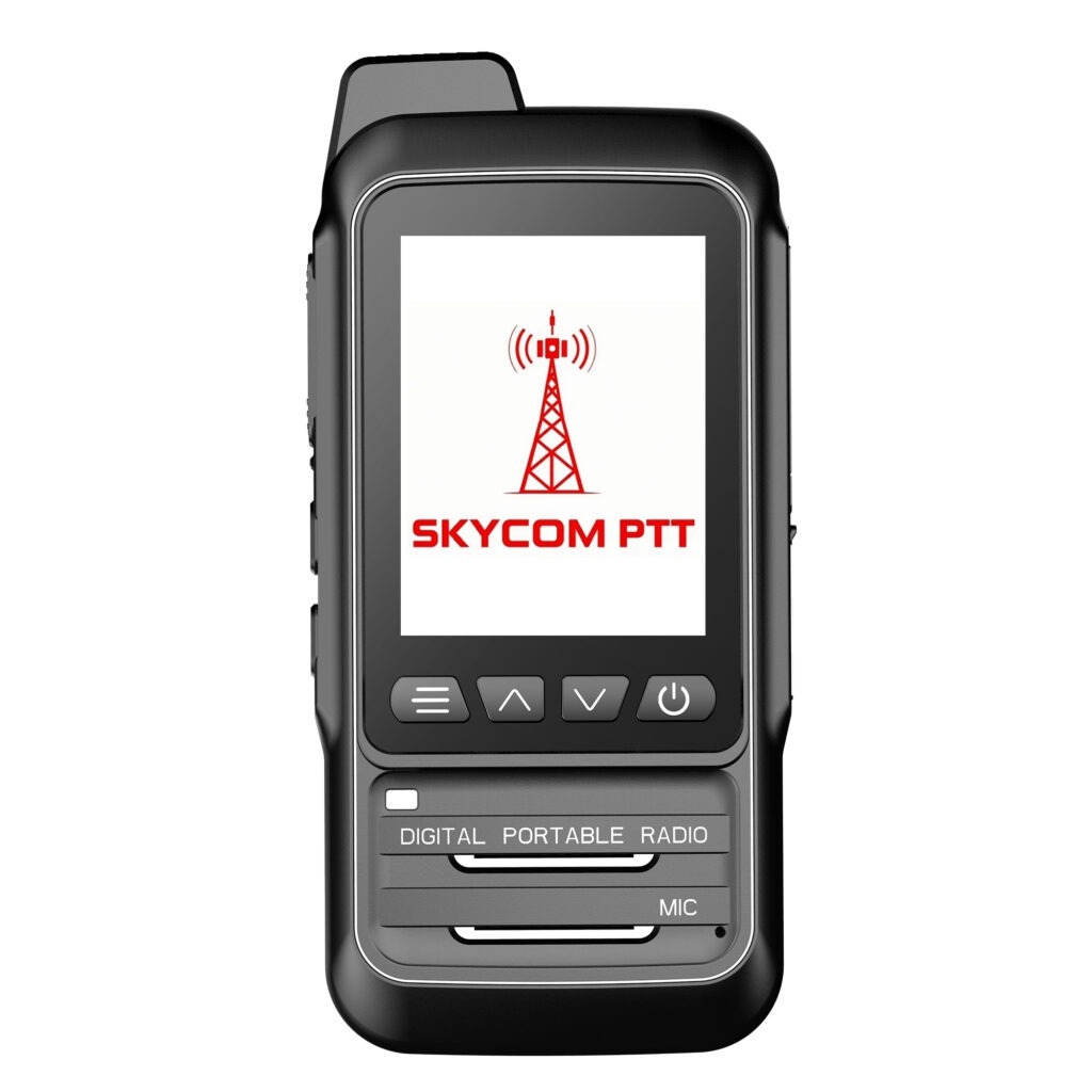 Black digital portable radio with a screen displaying "SKYCOM PTT" and a tower icon, featuring buttons for operation and a microphone.