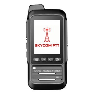 Black digital portable radio with a screen displaying "SKYCOM PTT" and a tower icon, featuring buttons for operation and a microphone.