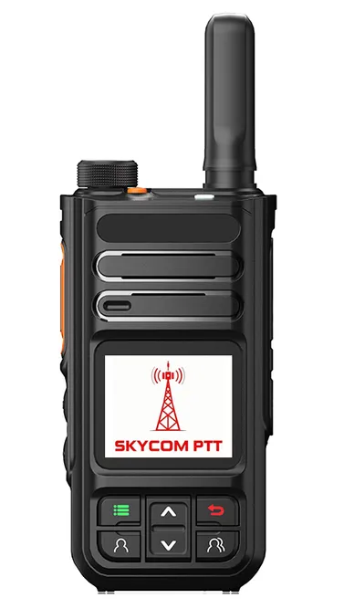 Black portable two-way radio with an antenna and a display screen showing "SKYCOM PTT," used for communication in various industries.
