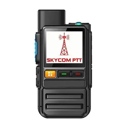 Skycom PTT device featuring a screen displaying a tower logo, designed for push-to-talk communication, ideal for team coordination.